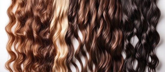 Poster - Various textured hair strands in different shades including blonde, brown, and black with Copy Space for text placement