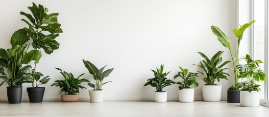 Aufkleber - Indoor plants in decorative pots arranged along a light wall showing copy space for text above a wooden floor.