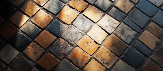 Poster - Textured pavement tiles with light reflections in a geometric pattern and scattered shadows offering Copy Space for design use.