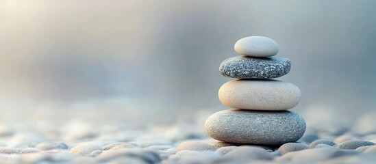 Poster - Stacked smooth pebbles in a balanced arrangement on a blurred background with copy space for text