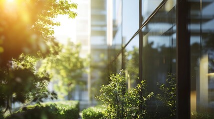 Poster - Sunlight shining through greenery with reflections on modern building glass facade Copy Space