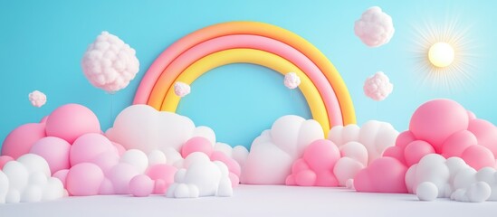 Poster - Colorful rainbow with pastel clouds and sun against a bright blue background with copy space for text.