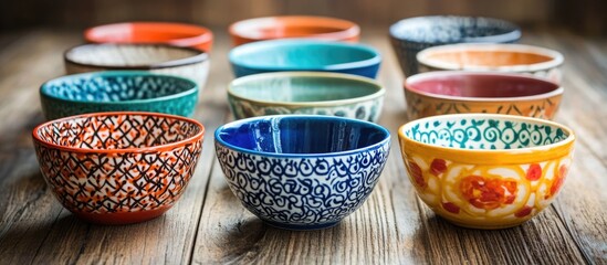 Poster - Colorful ceramic bowls arranged in a line on a wooden surface with natural light Copy Space