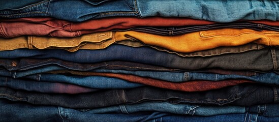 Poster - Colorful Stacked Denim Jeans with Various Textures and Tones on Display Copy Space
