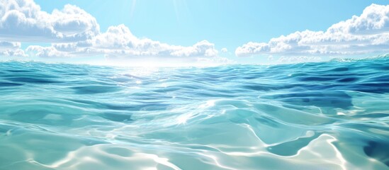 Poster - Vast turquoise ocean water with gentle waves under a bright blue sky and fluffy white clouds Copy Space