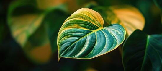 Aufkleber - Close-up of vibrant green and yellow variegated leaves with prominent vein patterns against a blurred dark background Copy Space
