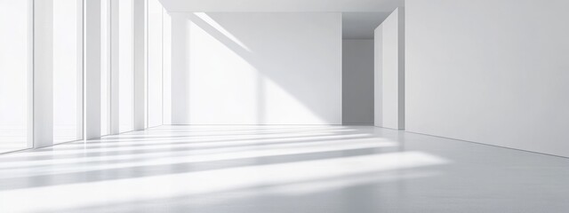Poster - Empty modern interior room with large windows casting shadows on the floor and white walls Copy Space