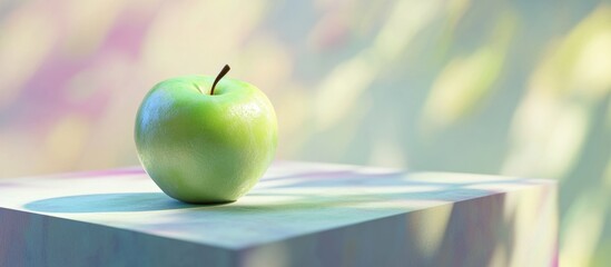 Aufkleber - Green apple on a wooden pedestal with soft pastel background and copy space for text inclusion