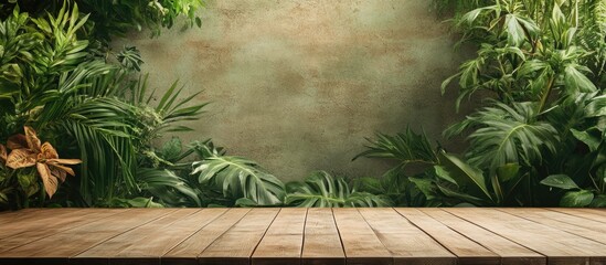 Poster - Tropical lush greenery background with wooden surface and textured wall Copy Space