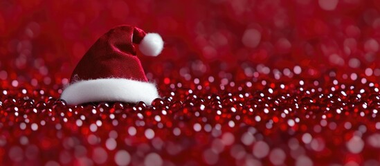Poster - Santa hat on a bed of red and white beads with bokeh background