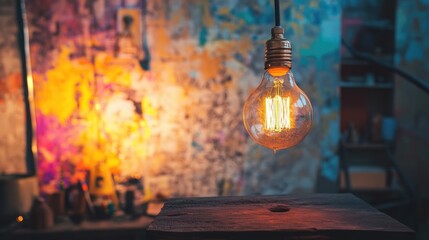 Aufkleber - Vintage light bulb hanging in front of colorful abstract wall with copy space for text