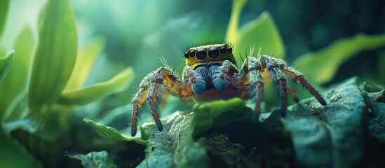 Poster - Close-up of a colorful crab on green foliage with blurred background and Copy Space for text placement