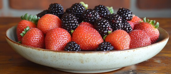 Aufkleber - Fresh strawberries and blackberries in a ceramic bowl on wooden surface with brick wall background Copy Space
