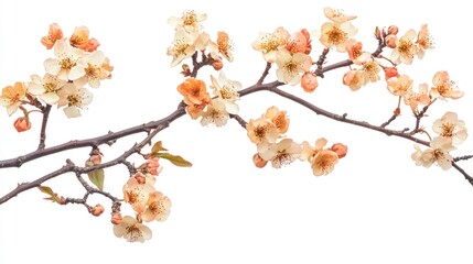 Poster - Cherry blossom branch with soft beige flowers and buds on white background, featuring copy space for text insertion.