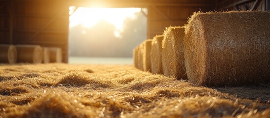 Poster - Sunset view of hay bales inside a barn with golden sunlight illuminating the entrance and soft straw scattered on the ground Copy Space