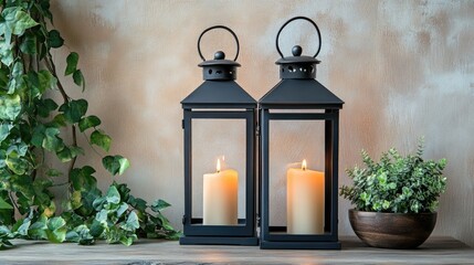 Poster - Elegant Lanterns Illuminating Cozy Home Decor with Blank Space for Custom Text Overlay