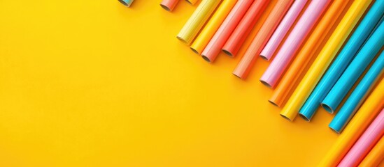 Fototapete - Colorful rolled papers on bright yellow background with Copy Space for text placement.