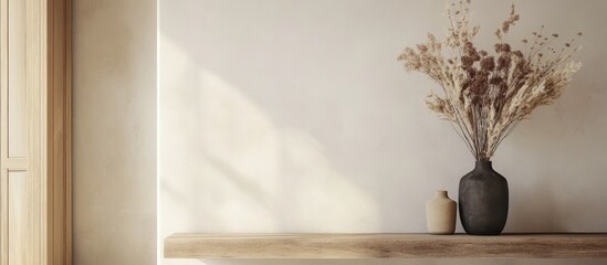 Poster - Minimalist interior with dried flower arrangement in a modern vase on a wooden shelf against a light wall with copy space.