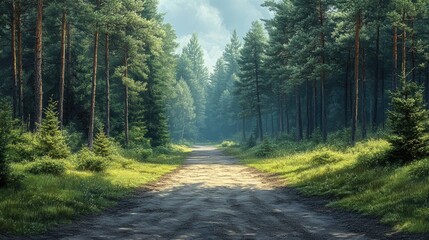 Poster - Forest pathway through lush greenery under a cloudy sky with Copy Space for text placement