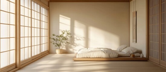 Aufkleber - Minimalistic bedroom interior design with wooden frames and large windows, featuring natural light and a plant, Copy Space available.