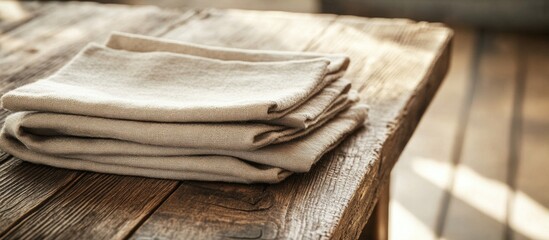 Poster - Folded linen cloths on rustic wooden table with Copy Space for text placement