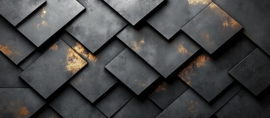 Aufkleber - Textured dark slate tiles with golden accents arranged in a geometric pattern and copy space for text.