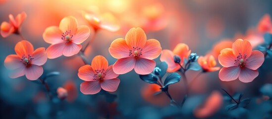 Poster - Soft pink flowers with blurred background and mixed warm tones, nature close-up photography with Copy Space for text placement.