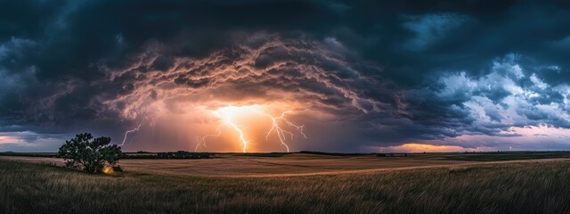 Poster - Dramatic lightning strikes in a dark stormy sky showcasing the power of nature with ample space for text and creative usage.