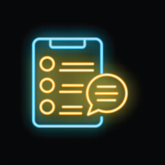 Poster - neon sign icon of a clipboard checklist with a speech bubble suggesting changes on a dark background