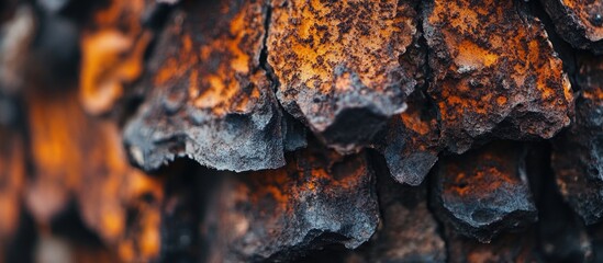 Poster - Close-up texture of weathered tree bark showing rich brown and orange tones with detailed patterns and Copy Space for text placement.