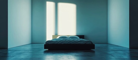 Aufkleber - Minimalist bedroom interior with bed and natural light from large windows Copy Space