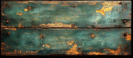 Poster - Weathered wooden texture background with teal paint and rustic details Copy Space