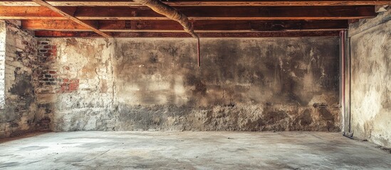 Poster - Aged basement interior showcasing weathered wood and plaster with ample empty space for text and long-term occupancy presence