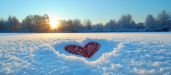 Poster - Heart shape in snow with sunset in background and frost covered trees, winter landscape with copy space for text