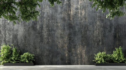 Poster - Textured dark tree bark wall with lush greenery and empty space for text or graphics perfect for nature-themed backgrounds