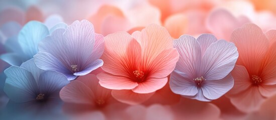 Poster - Colorful soft-focus flowers in pastel shades of pink, purple, and blue with blurred background and Copy Space for text placement.