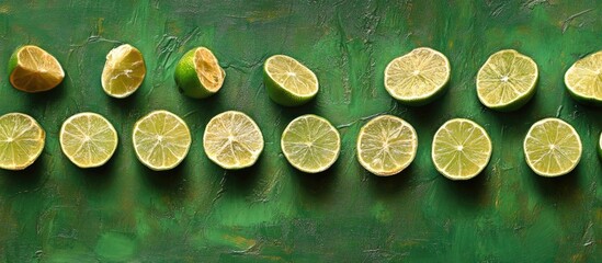 Aufkleber - Sliced lime halves arranged in a row on a green textured background with ample Copy Space for text placement