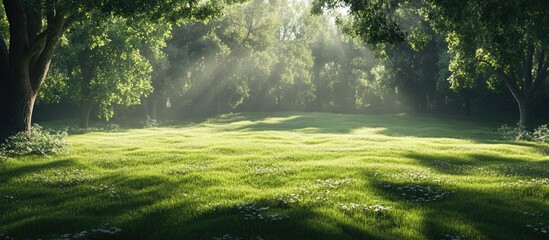Poster - Sunlit grassy meadow surrounded by trees with dappled sunlight filtering through leaves and soft shadows on the ground Copy Space