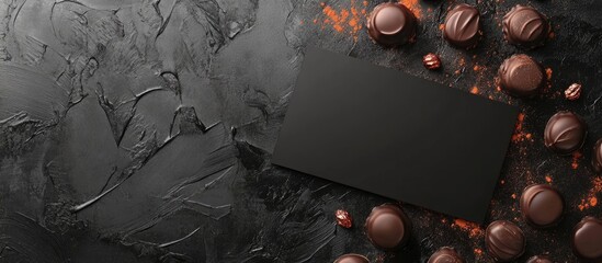 Poster - Chocolate pralines and a blank rectangular card on a dark textured background with copy space for text.