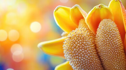 Poster - Close up of jackfruit seeds showcasing vibrant colors and bokeh background ideal for food themes with space for text or graphics