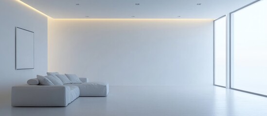 Aufkleber - Minimalistic modern interior space with white sofa and large windows offering natural light Copy Space