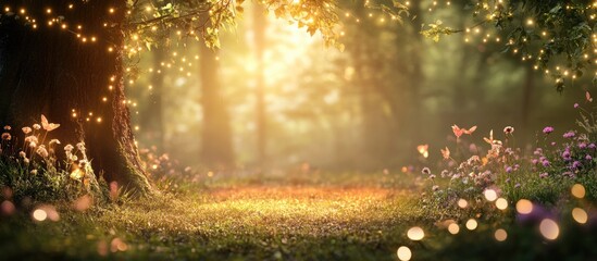 Aufkleber - Sunlit forest clearing with flowers and glowing lights, soft focus background, natural beauty, Copy Space for text placement