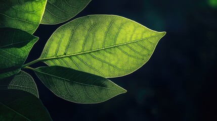 Aufkleber - Green leaves with intricate veins illuminated against a dark background featuring copy space for text placement