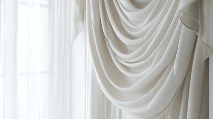 Poster - Elegant white drapes elegantly styled in a modern living room setting perfect for showcasing bright natural light and minimalist decor.