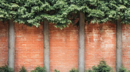 Poster - Cedar trees lined up against a textured brick wall creating a serene outdoor backdrop with ample copy space for text elements.