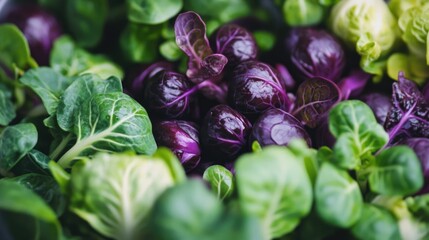 Poster - Fresh assortment of purple and green leafy vegetables with Copy Space for text placement