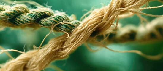 Poster - Close-up of intertwined natural jute ropes with a blurred green background and ample copy space for text placement