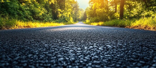 Poster - Asphalt road leading through a green forest during golden hour with sunlight filtering through trees and copy space on the left side