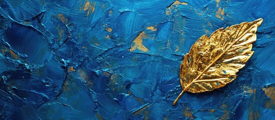 Aufkleber - Blue textured background with a gold leaf on a painted surface showcasing artistic detail and vibrant colors Copy Space