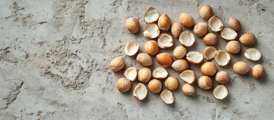 Poster - Scattered hazelnut shells on a textured gray background with ample copy space for text placement